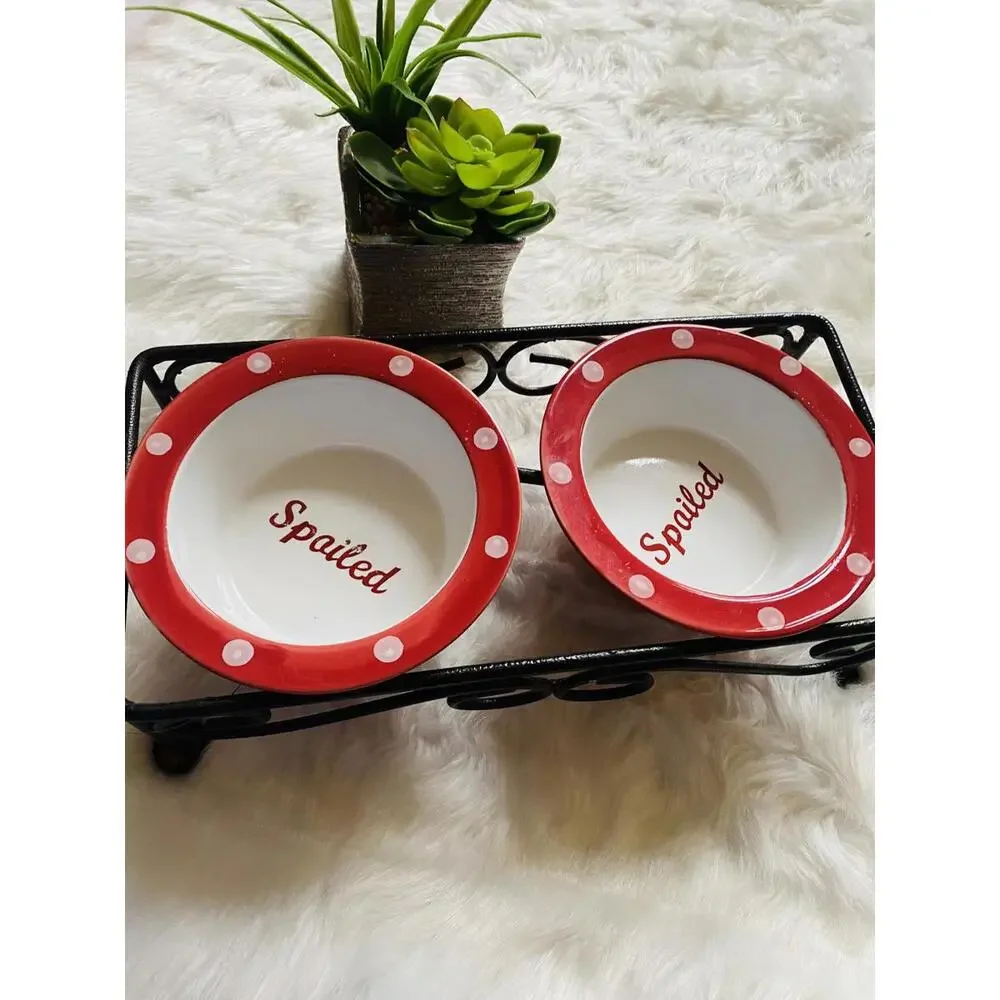 Double Ceramic Pet Bowls with Metal Stand - Red Polka Dot Design
